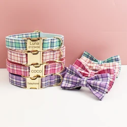 Collar y correa a cuadros con placa grabada para perro