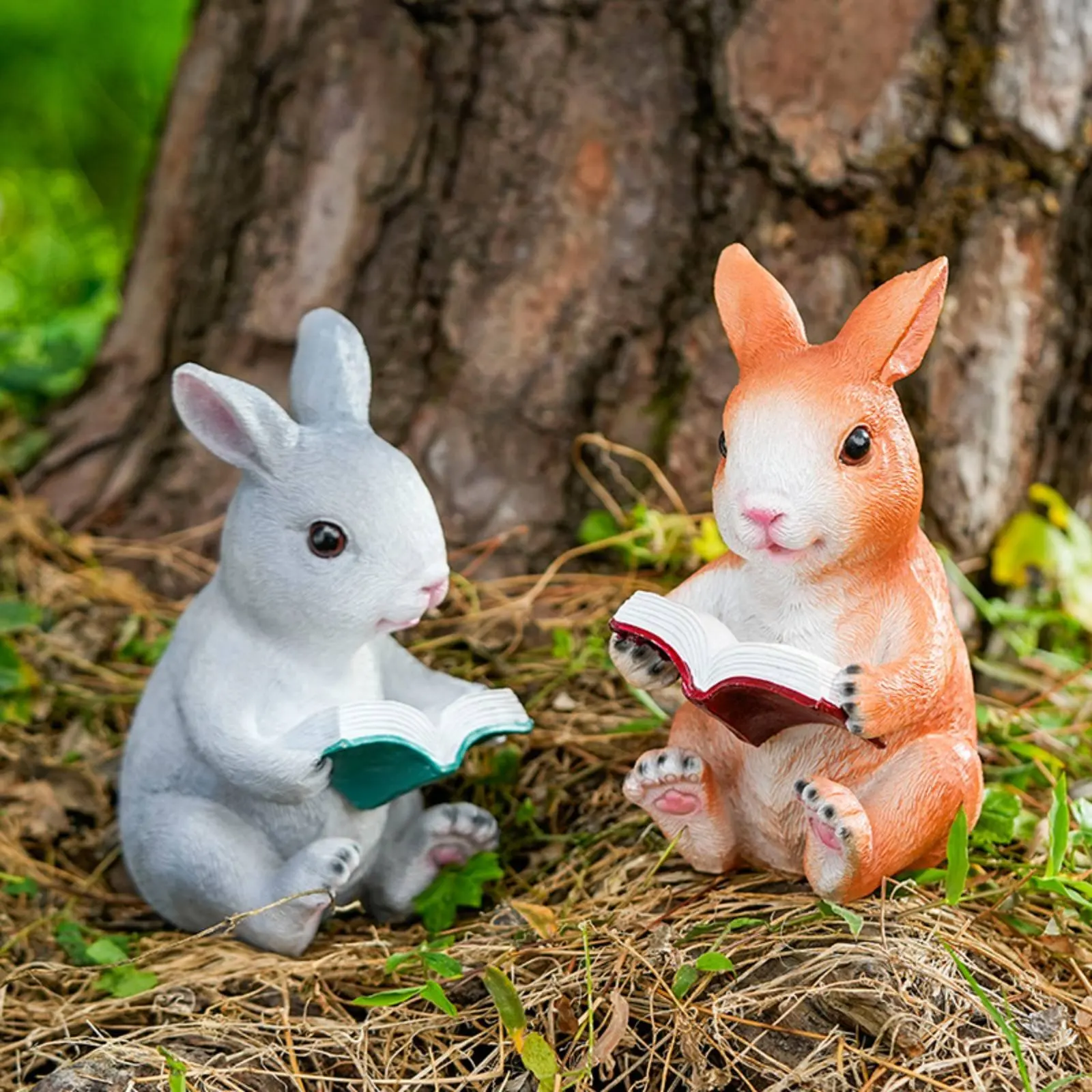 Estatua de conejo leyendo para jardín – Resina pintada a mano - imagen 5