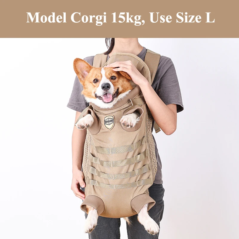 Mochila para perros pequeños y medianos, manos libres, táctica, para exteriores, Frontpack para mascotas, suave, transpirable, seguridad, viaje, portador de perros, bronceado militar - imagen 5