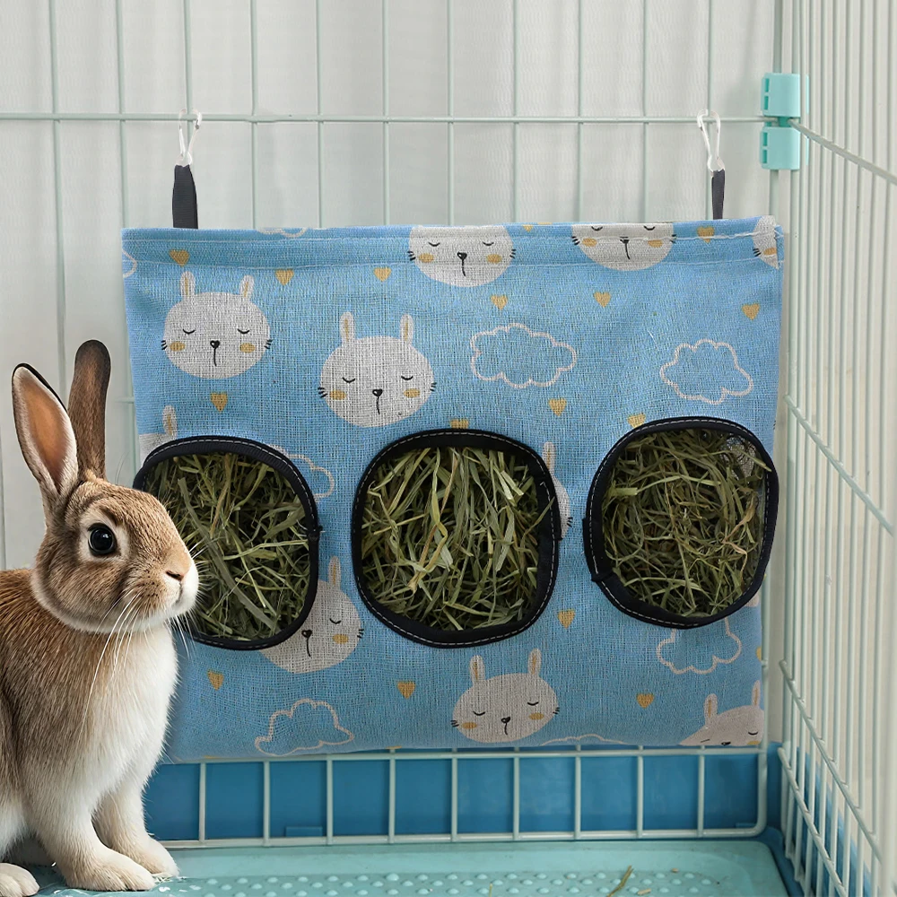 Bolsa de heno para conejos con estampado aleatorio, 1/2/3 agujeros, bolsa colgante, bolsa alimentadora para animales pequeños, jaula para conejillos de indias, bolsa alimentadora colgante, 1 ud.