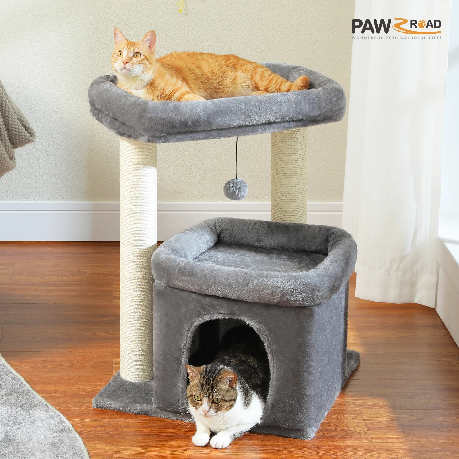 Torre de árbol para gatos de interior con posavasos privado, percha grande doble con postes rascadores para gatitos