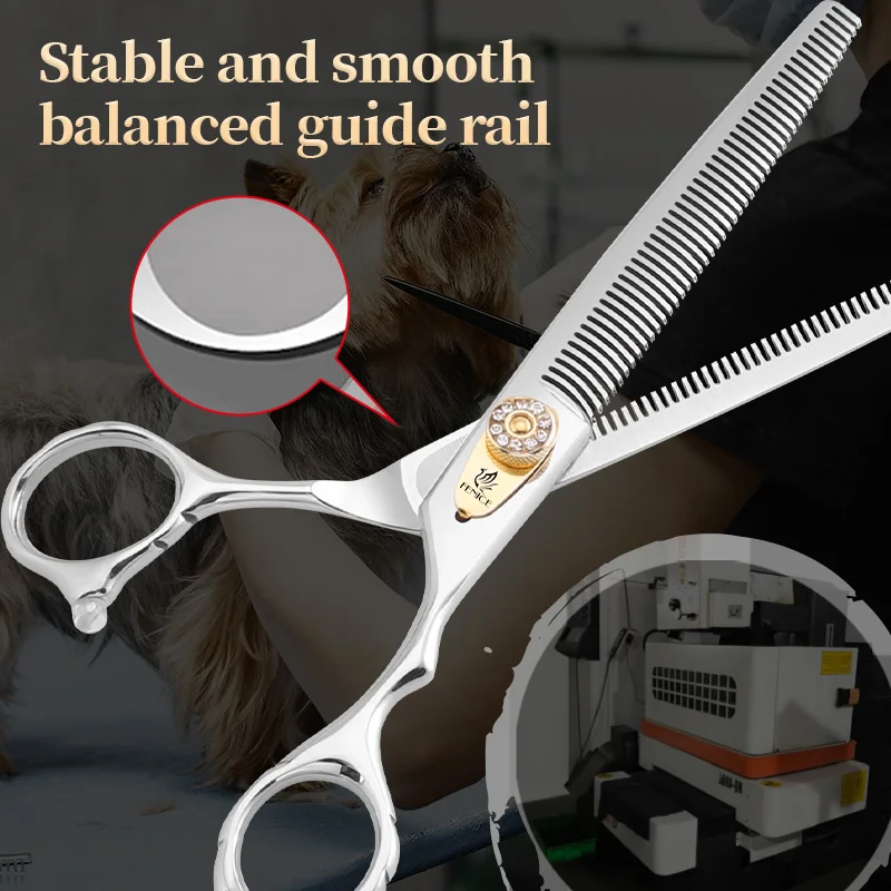 Tijeras de belleza para perros Fenice, tijeras profesionales de 7 pulgadas con dientes dobles para el cuidado de mascotas, tijeras más delgadas, tasa de adelgazamiento de 20-30% - imagen 3