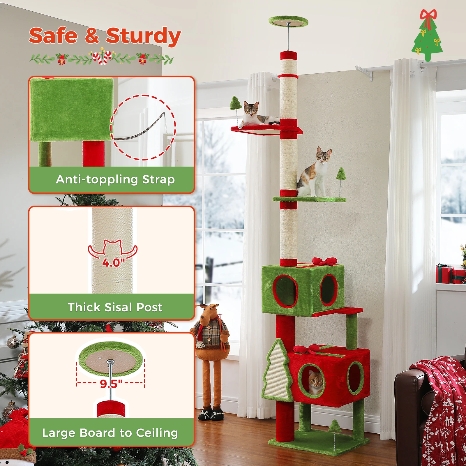 Árbol para gatos de Navidad de piso a techo de 231-274CM, torre para gatos del Festival de Navidad con condo rojo, poste para rascar cubierto de Sal para gatos - imagen 4