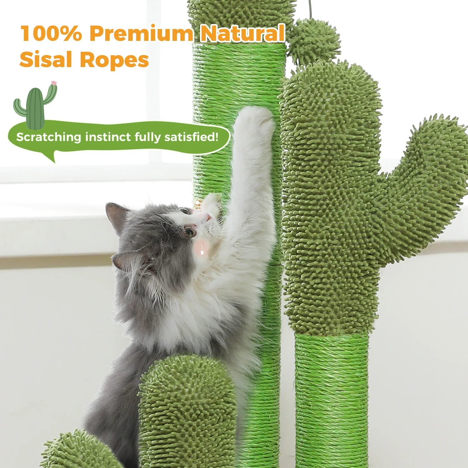 Poste rascador para gatos con 3 postes rascadores naturales y bola colgante interactiva, rascador para gatos de cactus para interiores, juguetes para gatos - imagen 3