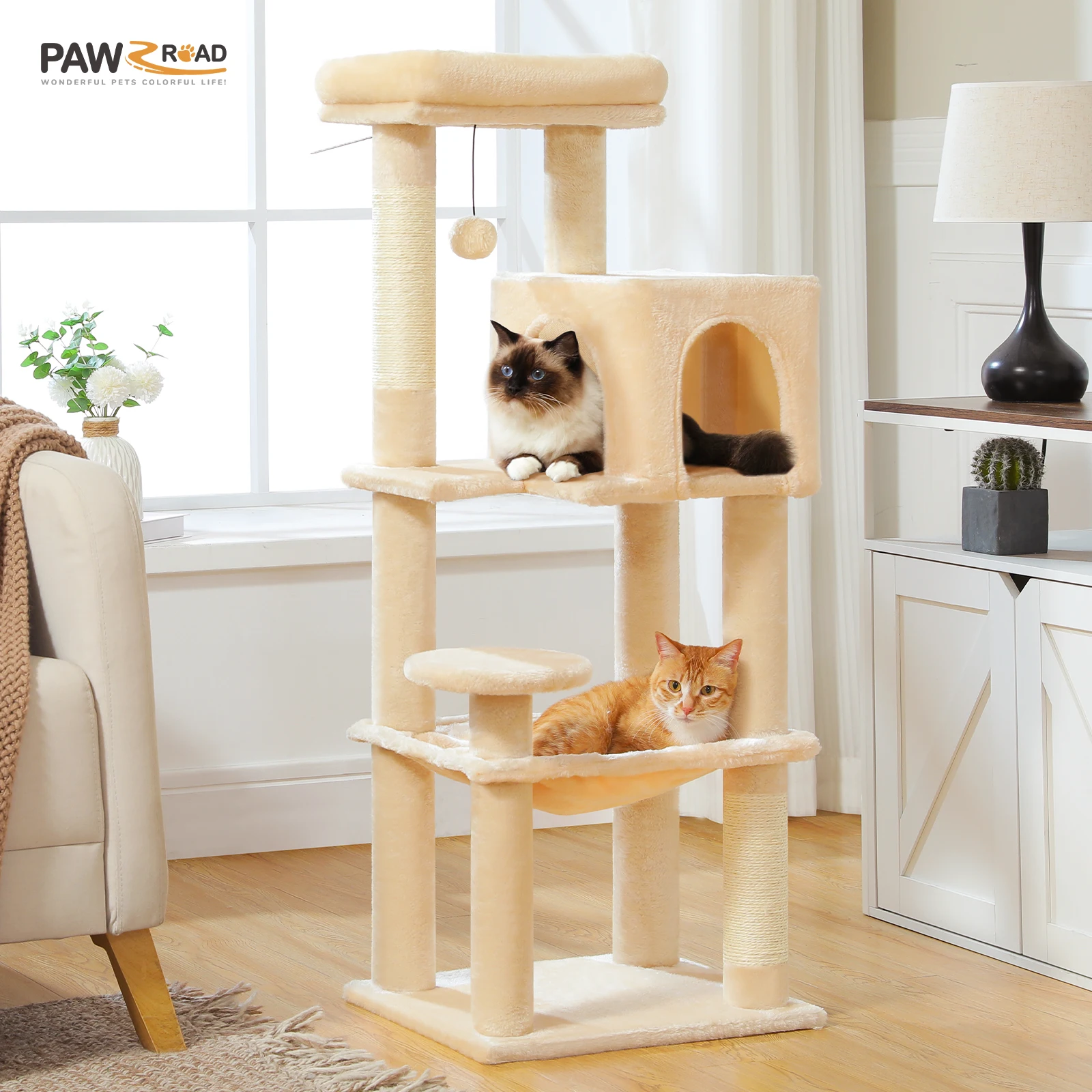 Árbol para gatos de varios niveles con postes rascadores de Sisal, hamaca grande acogedora, torre para gatos de peluche para interior, casa para gatitos, cama, juguetes para gatos - imagen 3