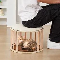 Cama otomana de madera para gato con taburete y juguetes ocultos