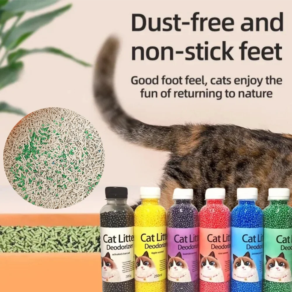 Cuentas desodorantes para inodoro de gatos, cuentas desodorantes absorbentes para caja de arena para gatos, 6 sabores, suministro de limpieza para mascotas y gatos