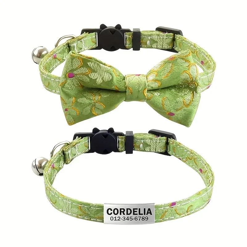 Collar de gato personalizado de 1 pieza, etiqueta de nombre, lazo desmontable, hebilla de seguridad ajustable con campana para evitar pérdidas, adecuado para perros pequeños