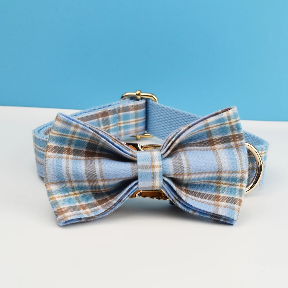 Conjunto collar y correa para perro con placa personalizada a cuadros - imagen 4
