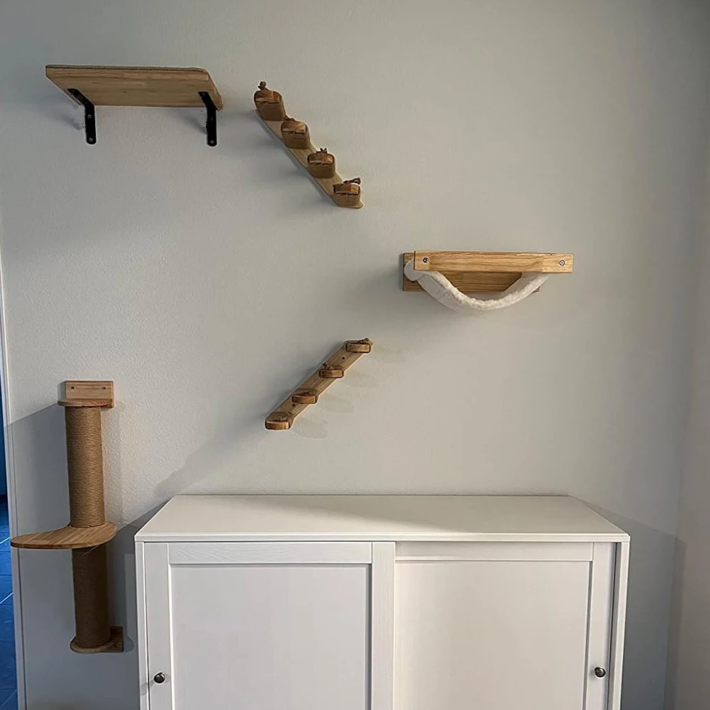 Hamaca de madera montada en la pared para gatos, muebles para interiores, escalera de escalada con poste de rascado para gatitos, para dormir y jugar - imagen 3