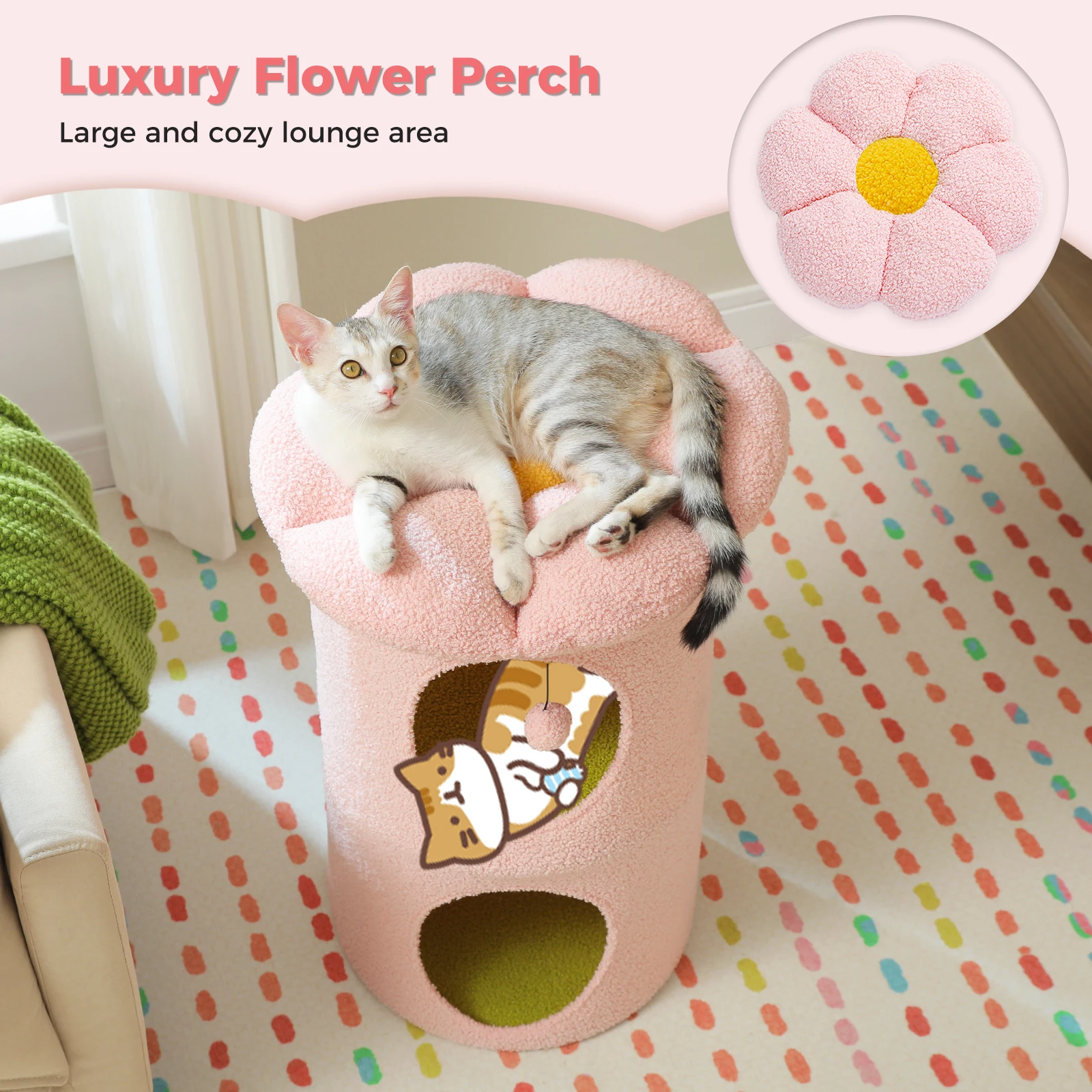 Camas para gatos de 2 pisos para gatos de interior, casa grande para gatos con cama para gatos de flores extraíble, bonita cueva para gatos, escondite para gatos, Condo para gatos de interior - imagen 5