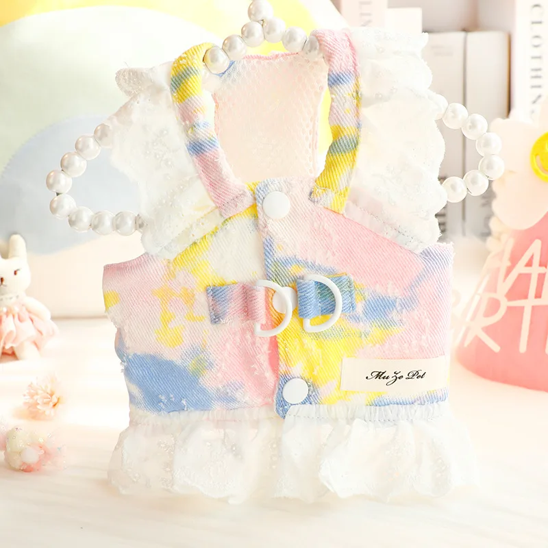Primavera y verano, pecho y espalda de encaje vaquero de princesa de gato fino, puede tirar de perros pequeños, accesorios para perros pequeños