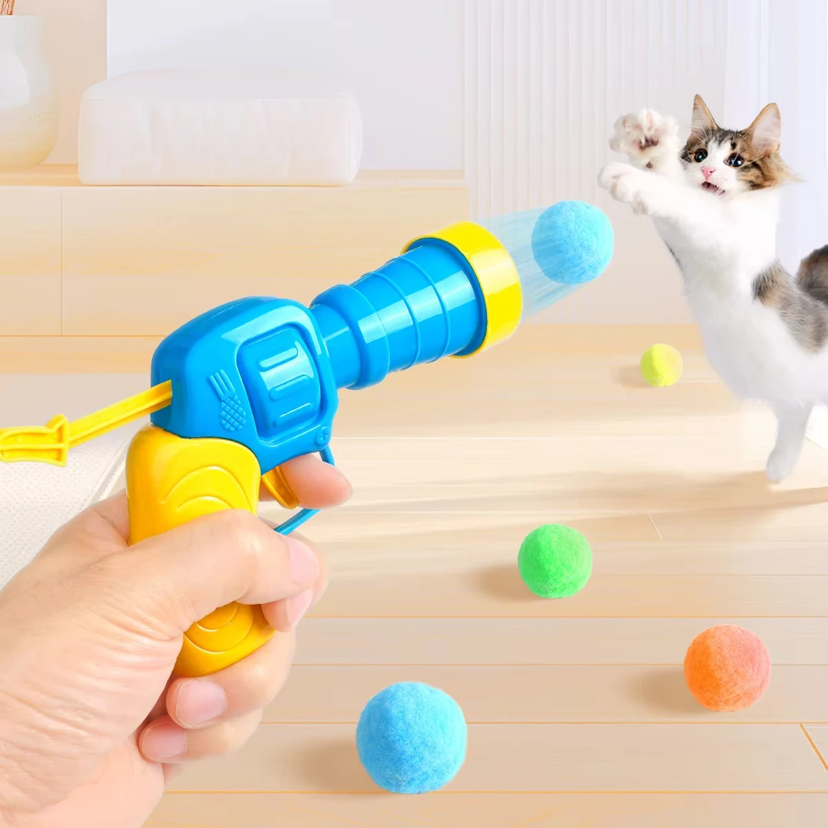 Pistola lanzadora de bolas de juguete para gatos con pompón de 50-100 piezas, bolas de felpa, pistola de tiro interactiva para gatos, equipo de juego para mascotas - imagen 5