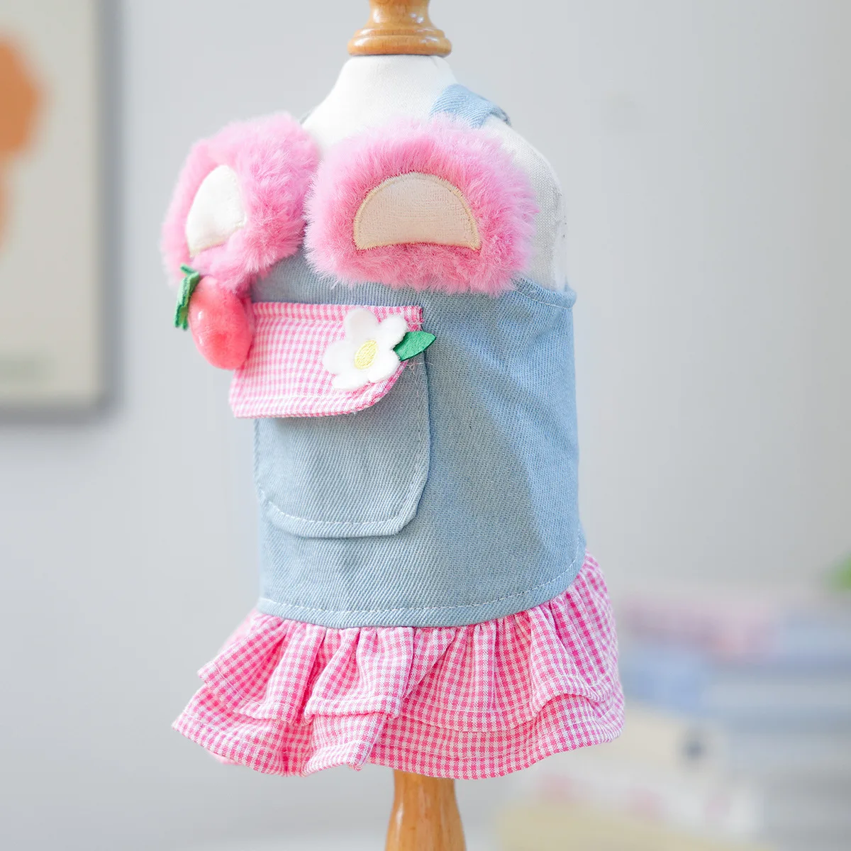 Ropa para mascotas de otoño e invierno: falda vaquera con estampado de fresa y flores, lindo vestido para cachorros para perros pequeños - imagen 5