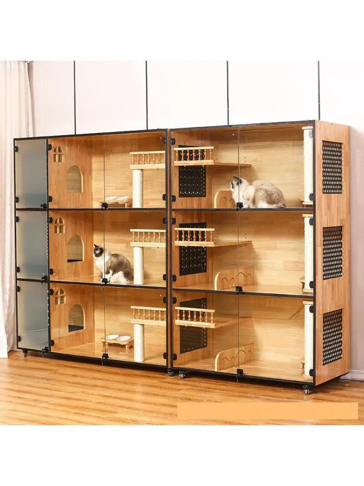 Jaula para gatos de madera maciza, chalet para gatos de tres pisos, armario para gatos de lujo, caja de arena, vitrina de embarque - imagen 5