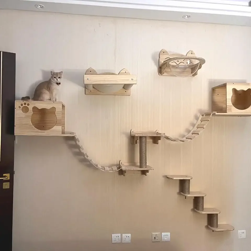 Casa oculta de pared para gatos, hamaca, estantes de escalada, perchas de Luna, escalera de cama, escalones de madera maciza para actividades, muebles de pared para gatos de interior