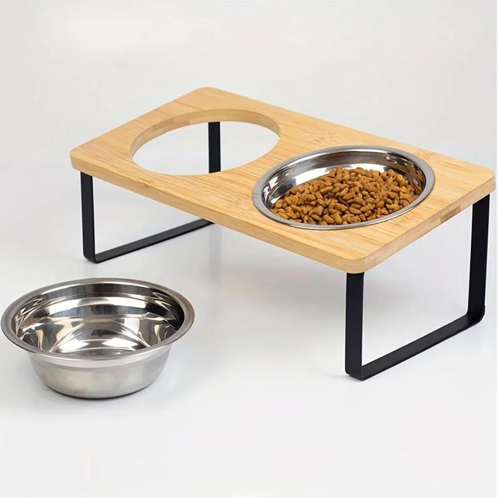 Soporte elevado para cuencos de agua y comida para gatos 15 °   Soporte de madera elevado inclinado con 2 platos de acero inoxidable para gatos y perros pequeños - imagen 3