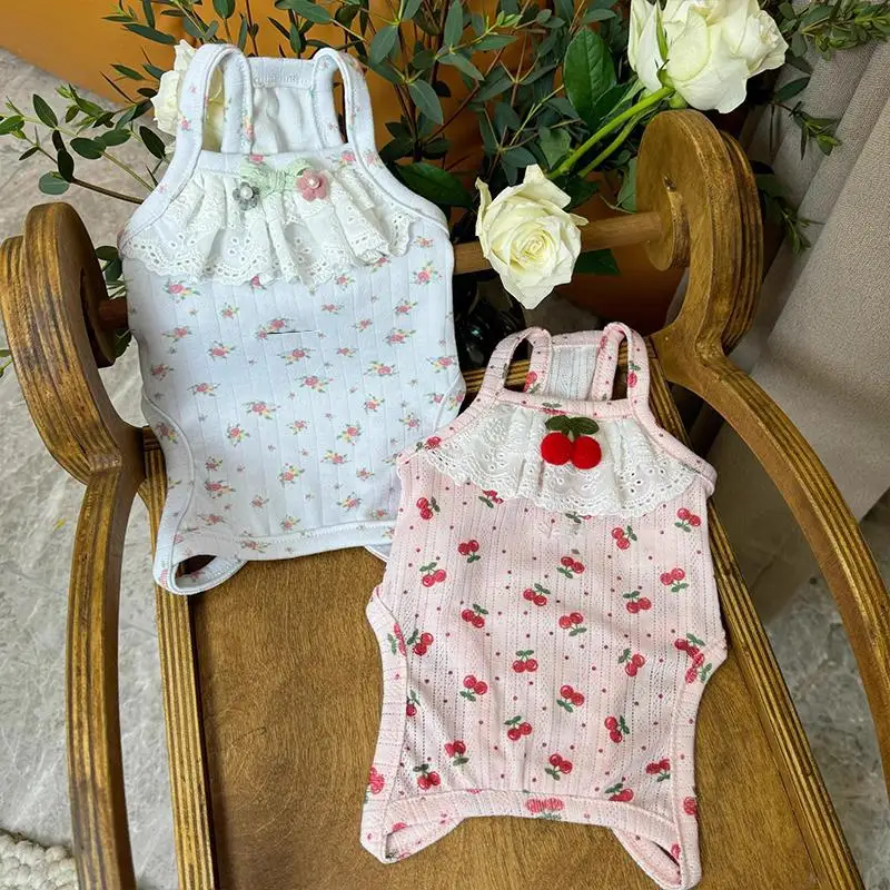 Mono de cereza de primavera para mascotas, ropa para el vientre, ropa de aire acondicionado, ropa de dormir para el hogar de peluche Bibi para perros pequeños y gatos - imagen 5