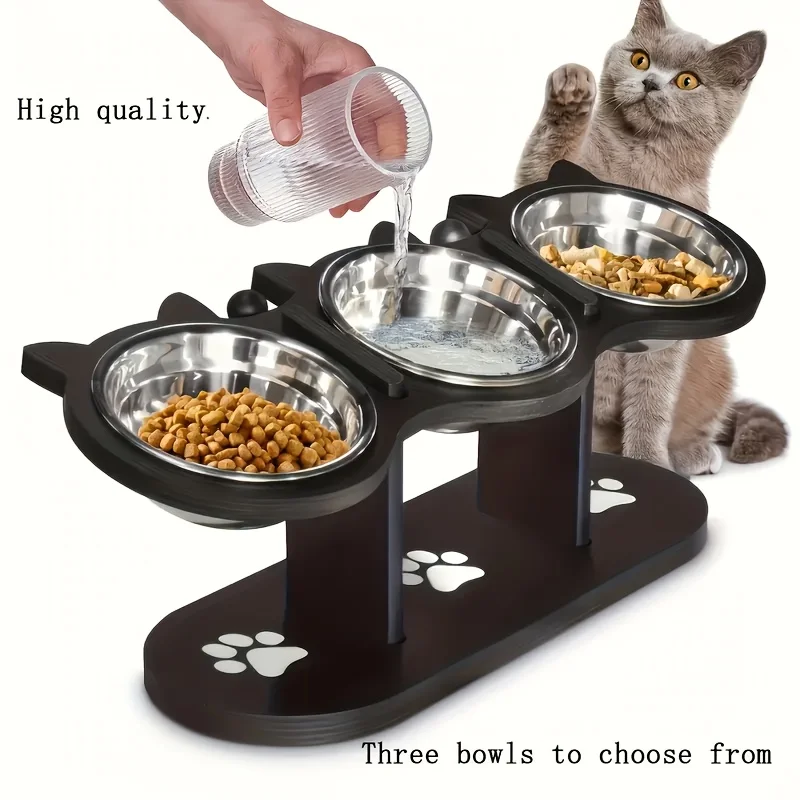 Cuenco elevado para gatos de 3 niveles con soportes de soporte, cuenco de comida para mascotas inclinado con soporte de ángulo ajustable de madera y acero inoxidable de 15 grados
