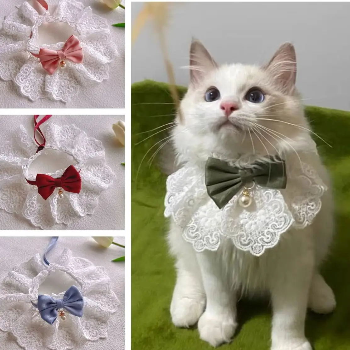 Collar para mascotas con pajarita de perlas, Collar de encaje de terciopelo ajustable con diseño de princesa para boda de gato y perro, decoración de fotos - imagen 2