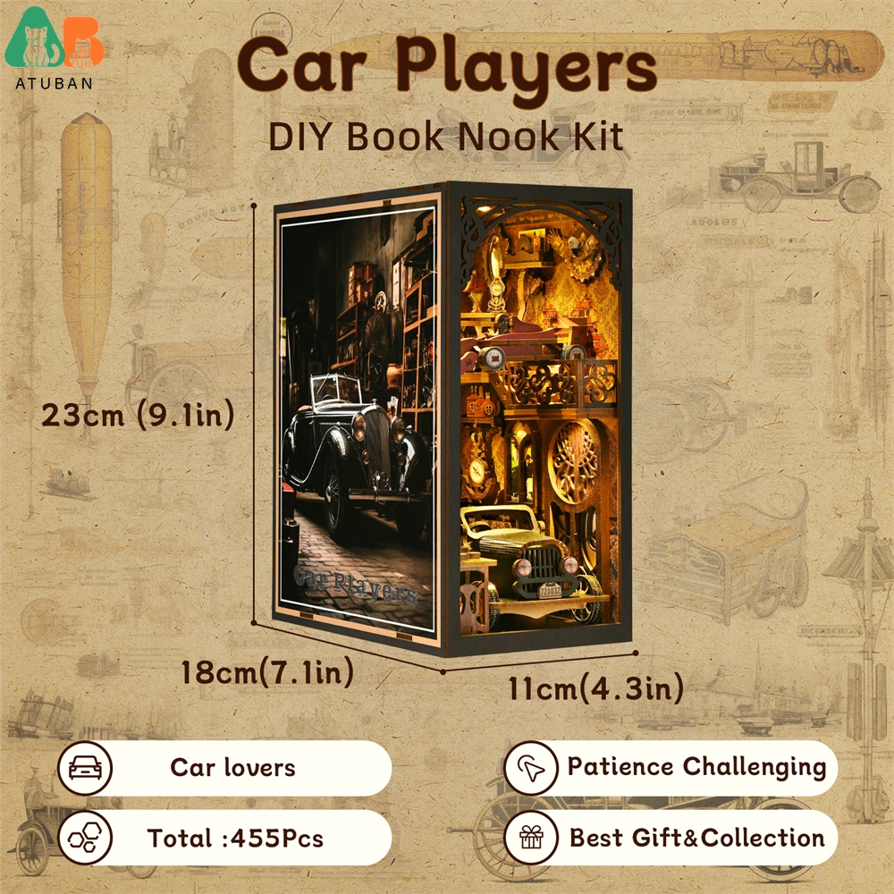 ATUBAN-Kit de rincón de libros para coche clásico F1, rompecabezas de madera DIY, decoración de estantería, modelo de casa de muñecas, sujetalibros, decoración de construcción, regalos - imagen 3