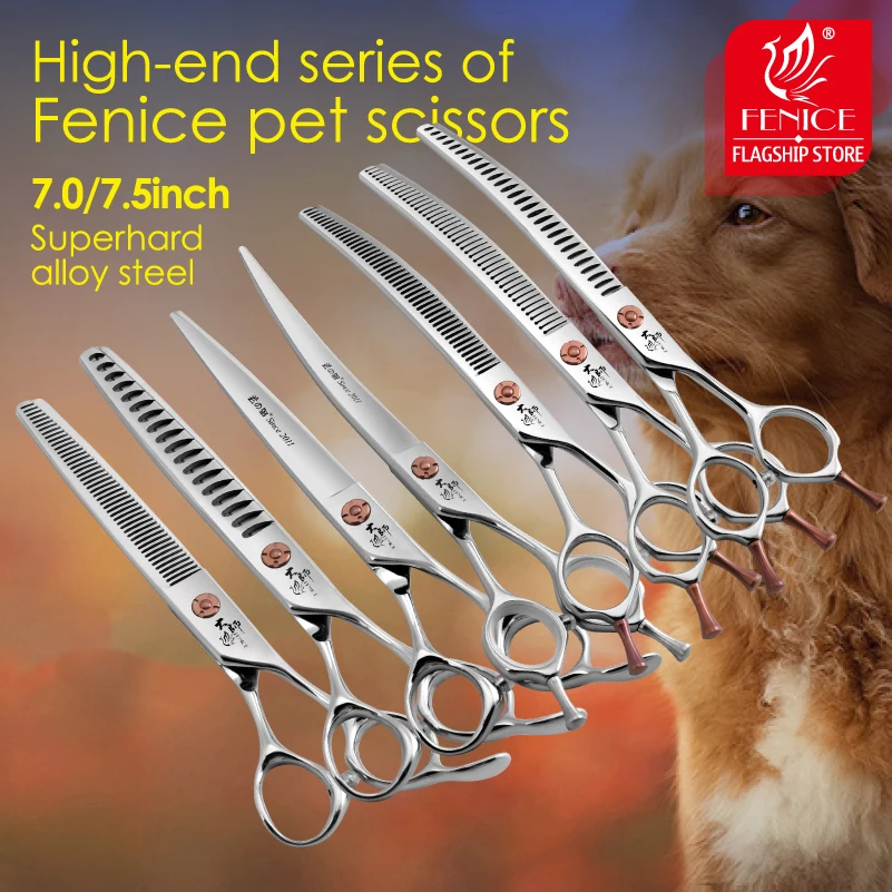 Fenice-Tijeras profesionales de acero japonés para mascotas, Kit de aseo para perros, recto, curvo, más delgado, grueso y esponjoso, 7 pulgadas - imagen 2