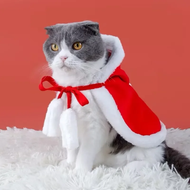 Capa navideña para gatos, disfraz divertido de transformación para perros pequeños, chal rojo, ropa para mascotas - imagen 2