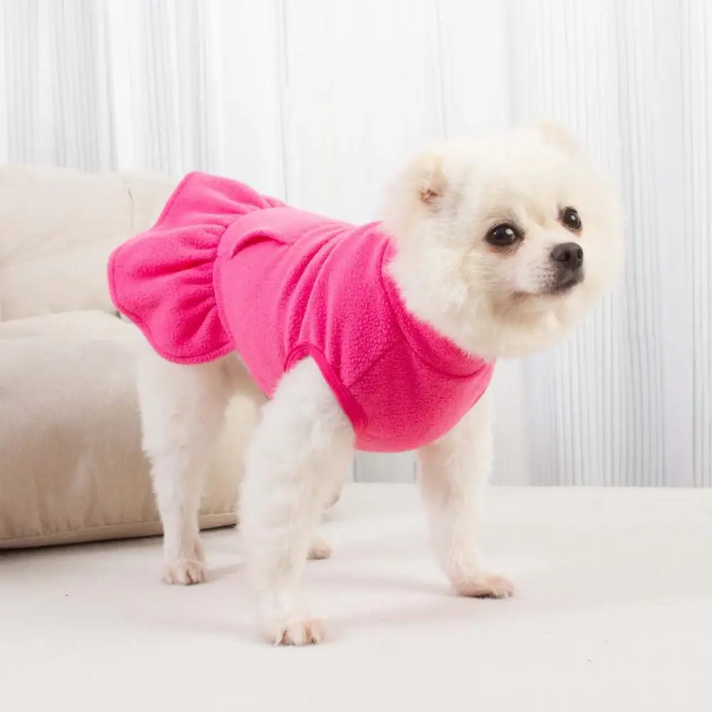 Vestido de invierno para perros, Color sólido, anillo en forma de D, dobladillo plisado, vestido para cachorros, forro polar grueso, sin mangas, dos patas, ropa para perros pequeños y medianos - imagen 2