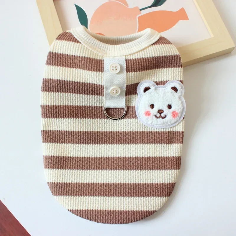 Ropa para mascotas, gatos y perros, chaleco tipo gofre para primavera/verano, camiseta a rayas con correa para perros pequeños, traje de verano - imagen 4