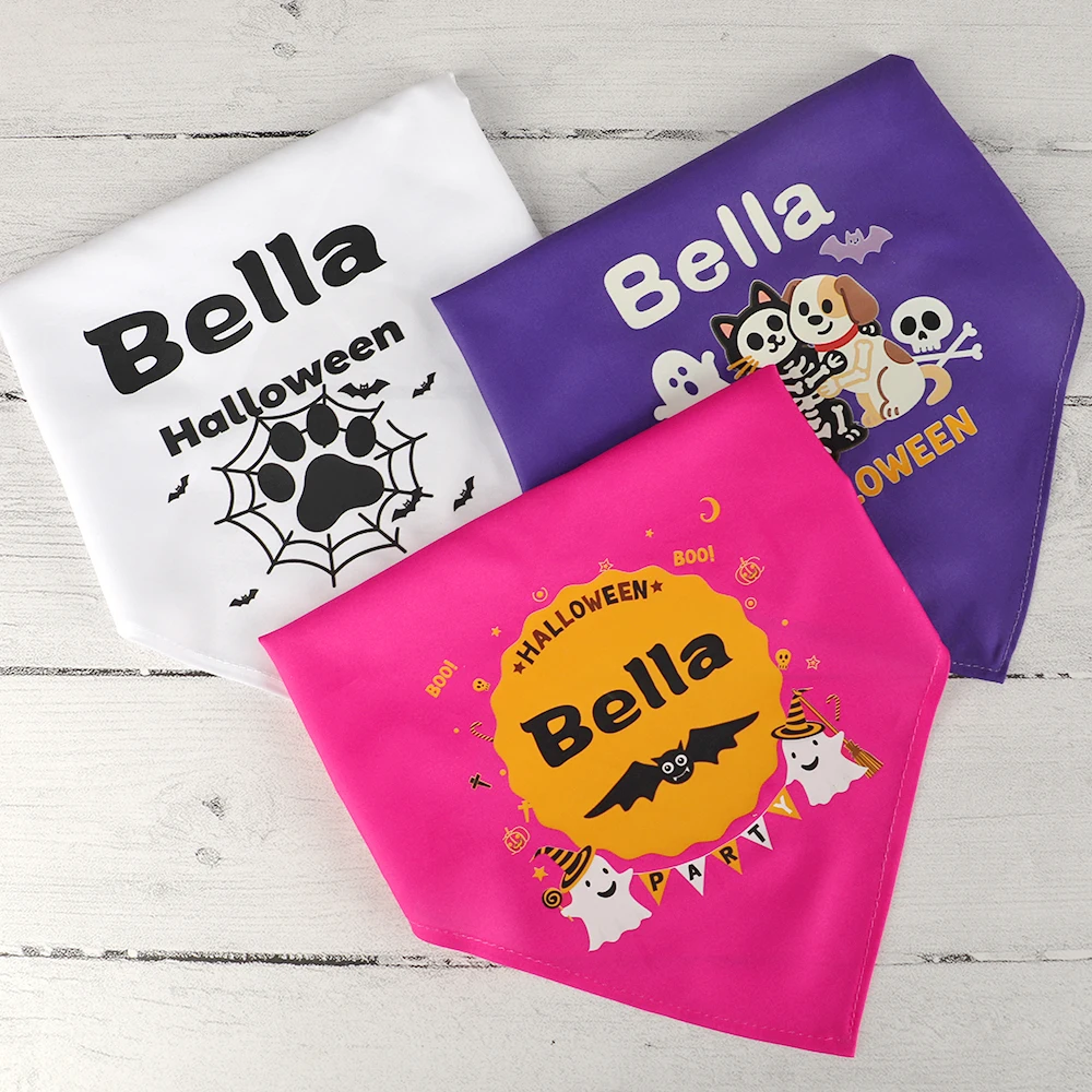 Collar Bandana para perro de Halloween, pañuelos personalizados para perros, ropa con estampado gratis, calavera fantasma, calabaza para Halloween, perros pequeños, medianos y grandes - imagen 4