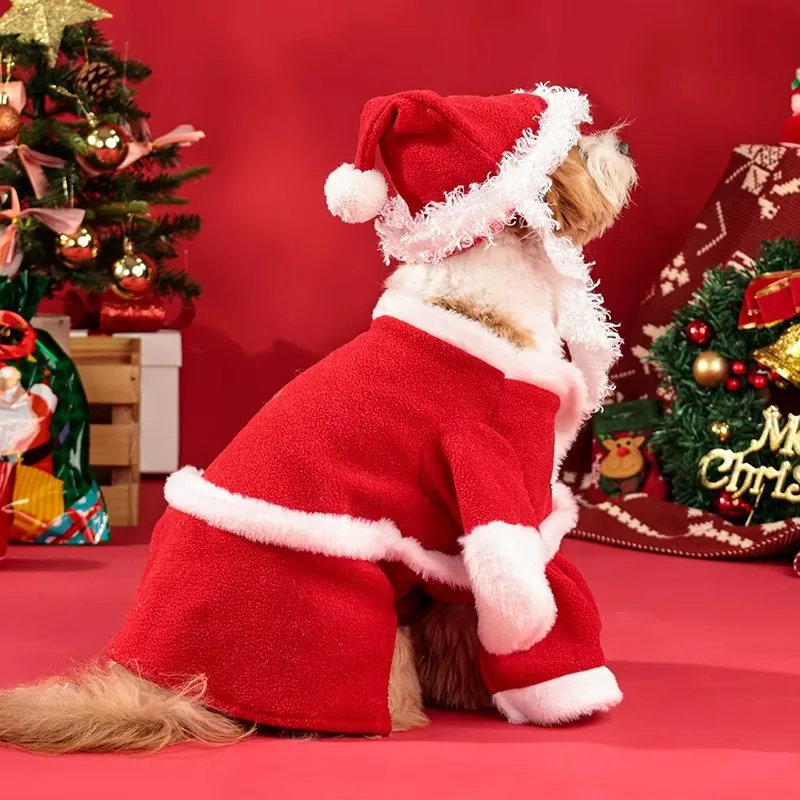 Traje cálido para mascotas para perros pequeños/medianos, disfraz navideño para perros de Papá Noel con sombrero, vestido polar con borde de felpa, - imagen 4