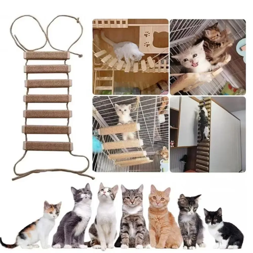 Muebles de pared Centro de actividades para gatos Rascador y puente de sisal de madera con escalones de cuerda para gatitos y gatos adultos