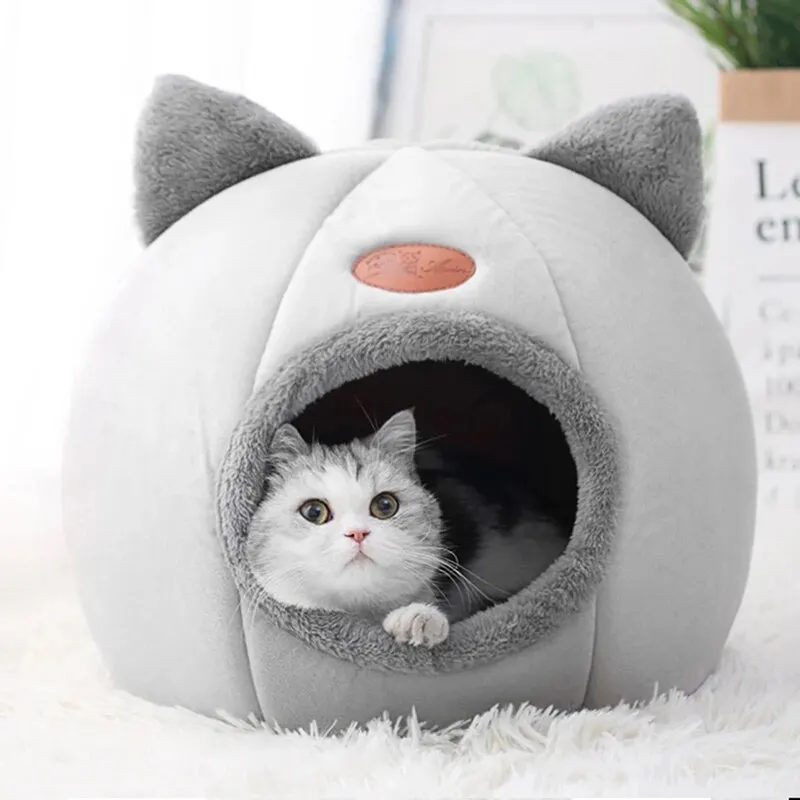 Casa para gatos cálida y bonita con forma de cabeza de gato, cueva para dormir segura, diseño semicerrado antideslizante, nido Universal para gatos para las cuatro estaciones - imagen 4