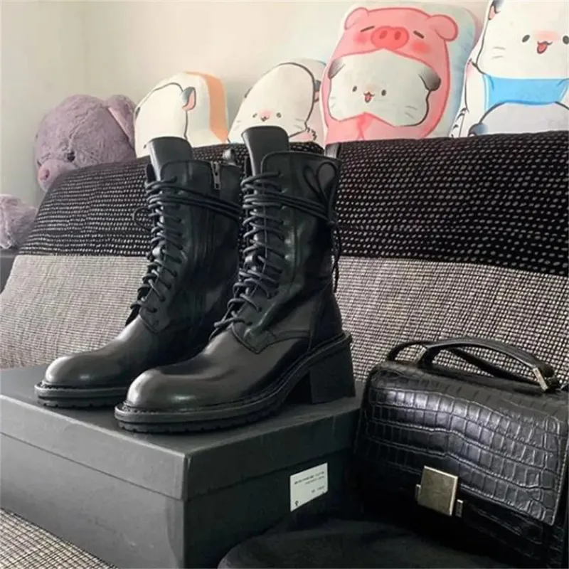 2025 marca de invierno de alta calidad Chic Cool botines de mujer moda negro tacones de bloque con cordones cremallera motocicletas botas zapatos - imagen 3