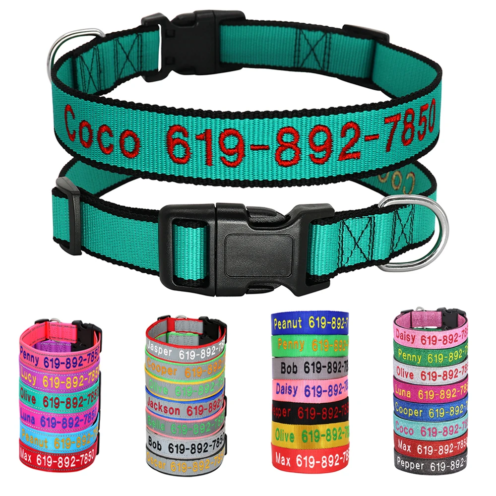 Collar de perro bordado de nailon ajustable, accesorios personalizados con nombre de identificación, collares para mascotas para perros pequeños, medianos y grandes, suministros para mascotas Perro - imagen 2