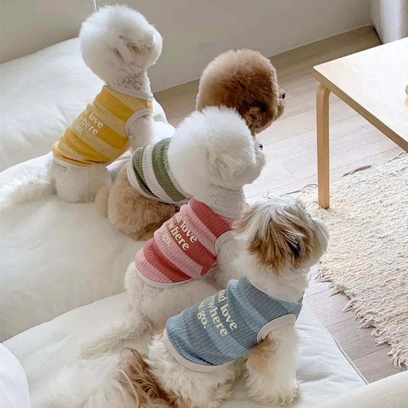 Camiseta sin mangas a rayas de primavera para mascotas, Teddy fino para perros Yorkshire, correa para perros pequeños y gatos, ropa para cachorros, ropa para perros pequeños - imagen 3