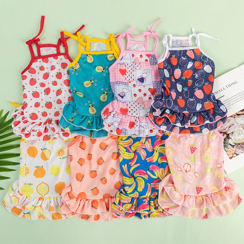 Vestidos de verano de doble capa para mascotas, chaleco de dibujos animados de frutas York, ropa transpirable para perros pequeños, ropa suave para mujer, esfinge y gato