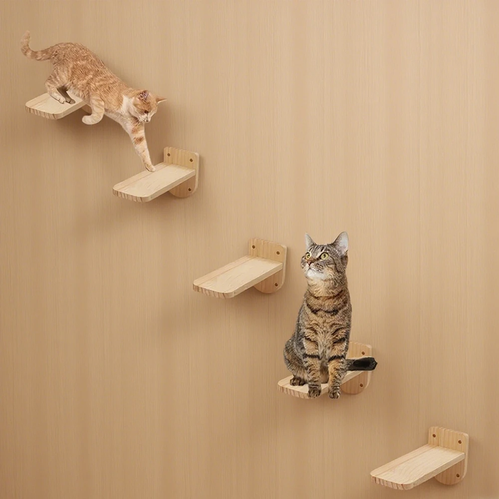 Escalera flotante de pared para gatos, 5 piezas, escaleras de madera Natural, muebles de madera montados en la pared para gatos, estantes y perchas de escalada