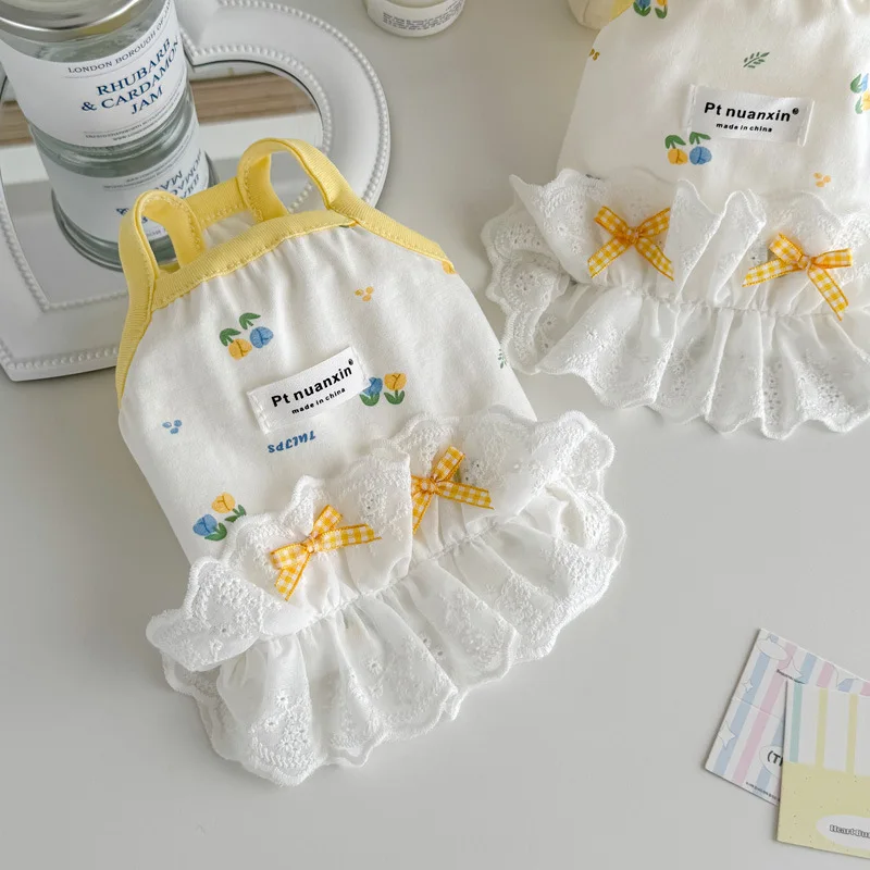 Camiseta sin mangas fina para perro, falda con tirantes de encaje y lazo, camiseta sin mangas de peluche para perro pequeño, vestidos para perros pequeños, ropa para cachorros - imagen 3