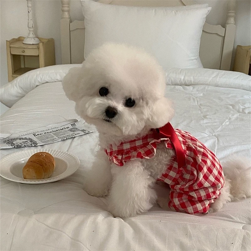 Monos a cuadros de Navidad y Año Nuevo para mascotas, mono rojo de otoño e invierno, vestido de peluche para perros pequeños y medianos, ropa para cachorros - imagen 3