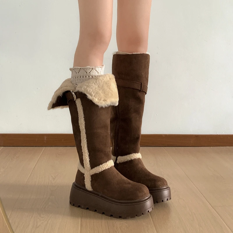 Botas De nieve De piel De algodón cálidas para Mujer, Zapatos planos con plataforma a la moda, botines largos De caballero Vintage para Mujer - imagen 5