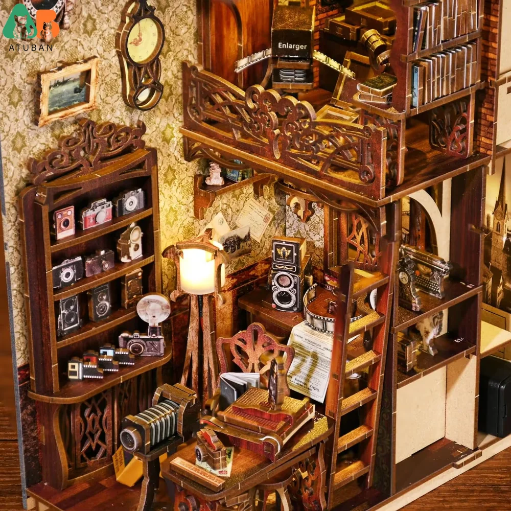 ATUBAN Kit de rincón de libros, estantería de casa de muñecas DIY, sujetalibros de rompecabezas de madera 3D para decoración de libros/habitación, casa modelo en miniatura - imagen 3