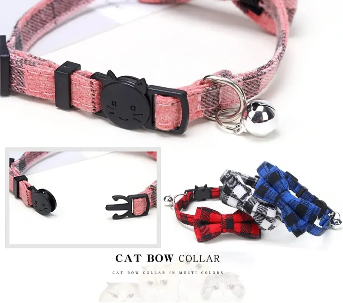 Collar para Gato, pajarita y campana, bonito a cuadros, Navidad, rojo, elástico, ajustable, Collar para perro con marco, campana pequeña para gatos - imagen 3