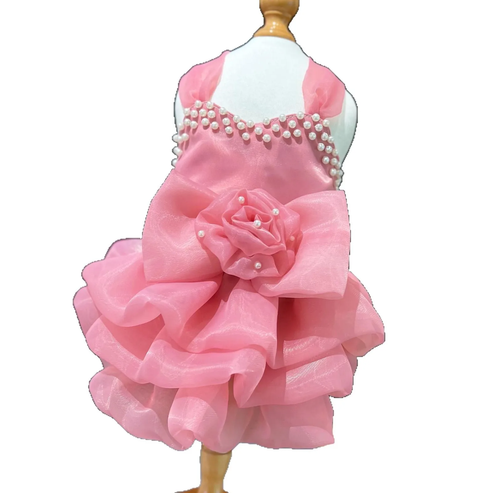 Vestido de novia hecho a mano para mascotas, vestido Formal con adornos de perlas rosas florales para cachorros, vestido de fiesta nupcial de Bulldog Francés Teddy Bichon - imagen 5