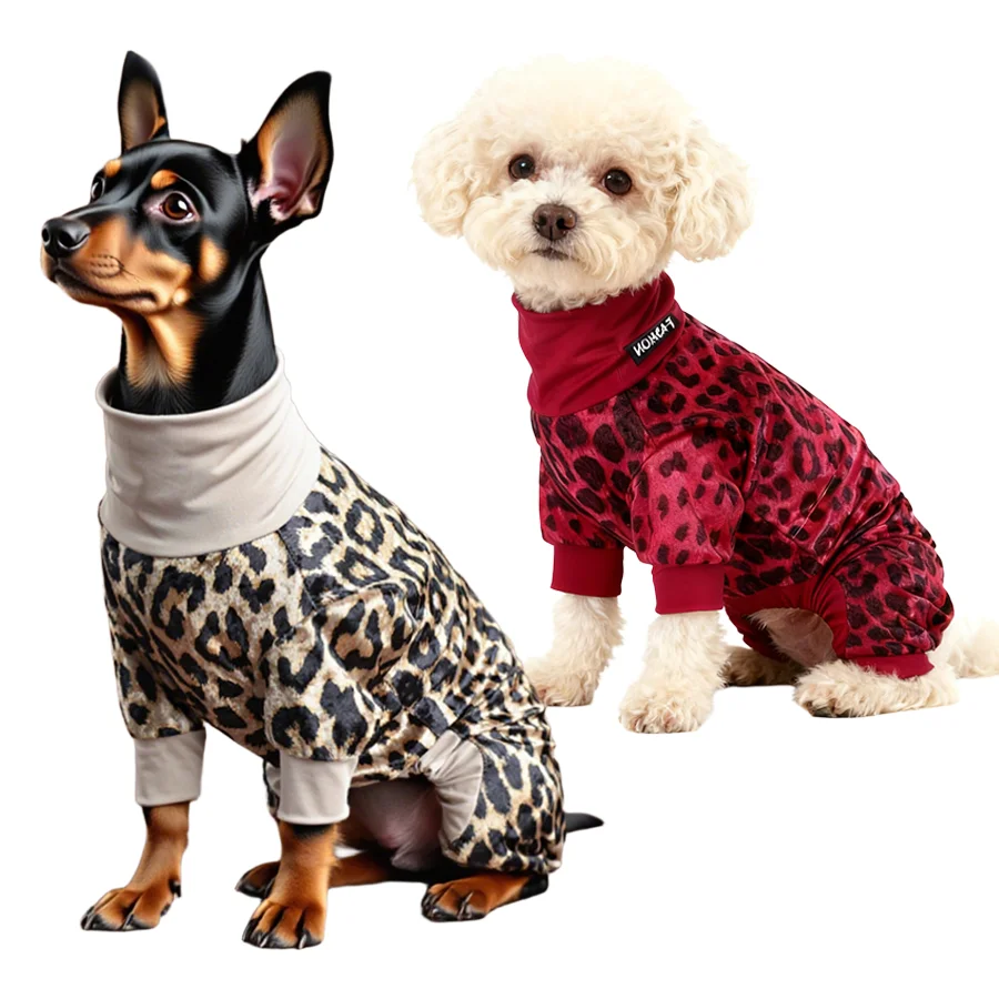 Pijamas para Perros Pequeños, Mono para Perros Esticáveis, Suaves y Transpirables, Cómoda Disfraz de Cachorro con Estampado de Leopardo de Terciopelo para Todas las Estaciones - imagen 2