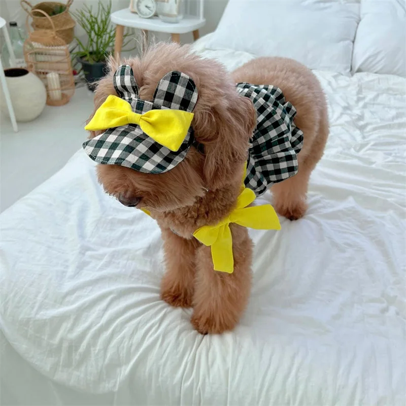 Camisola a cuadros de primavera para mascotas, chaleco con orejas de osito, sombrilla, sombrero, Top pequeño y mediano para gato, conjunto de camiseta de 2 piezas - imagen 2