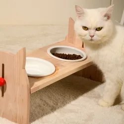 Comedero y bebedero cerámico con soporte de madera ajustable para gato y perro