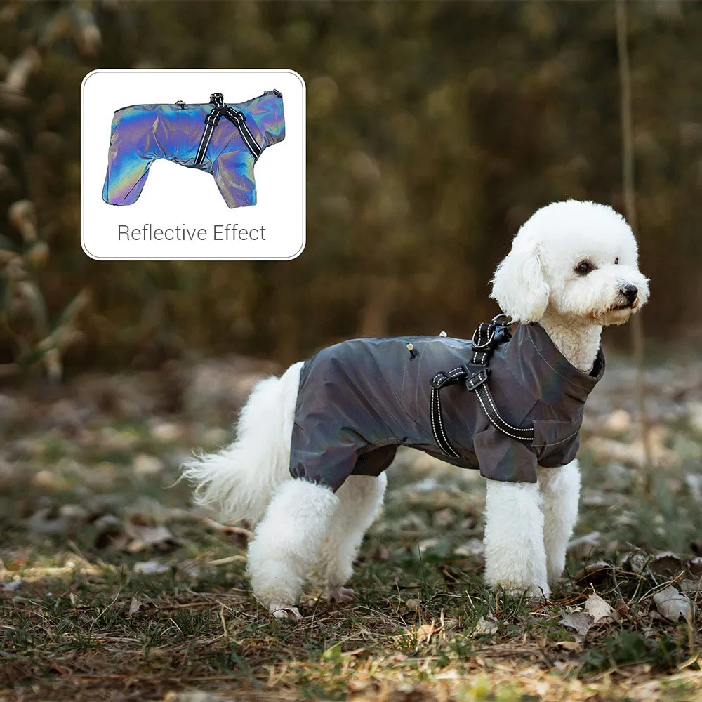 Chubasquero para perros con arnés, chaqueta impermeable para la lluvia para mascotas para perros pequeños, monos de lluvia reflectantes ajustables para perros con 4 patas - imagen 4