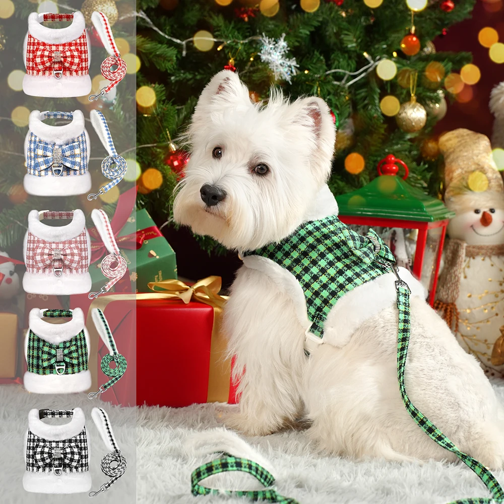 Conjunto de correa y arnés para perro cálido de invierno, arneses navideños a cuadros para perro con Cuello de piel extraíble, bonito chaleco con lazo para mascotas, suave para perros
