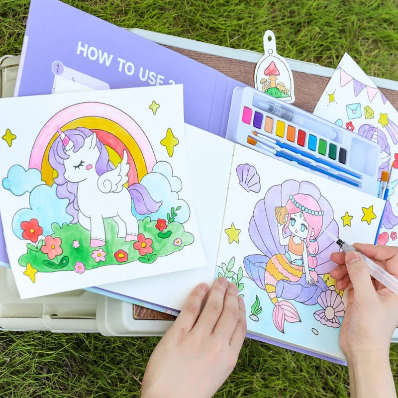 Libro para colorear y garabatos de acuarela para niños, estilo artesanal con pigmentos integrados de 10 colores, libros de dibujo - imagen 2